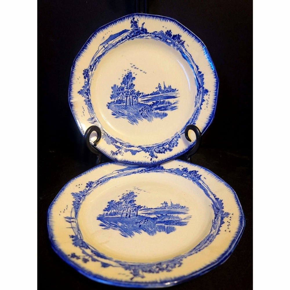 Royal Doulton Norfolk Blue White Plates Set of 2 Windmill Scalloped Edge England